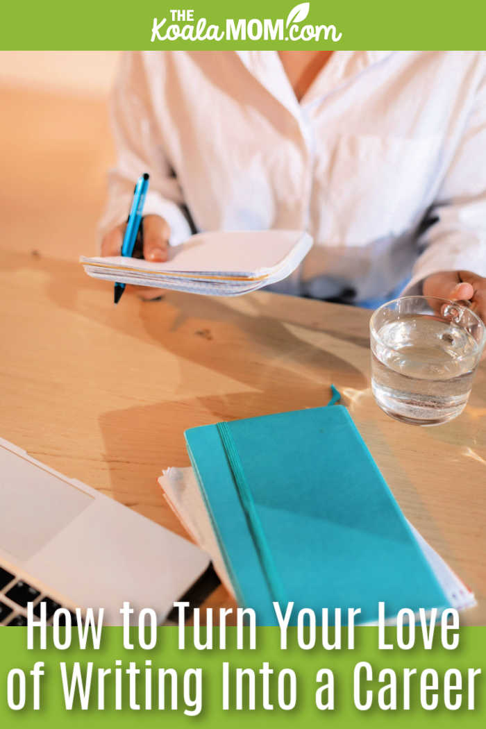 How to Turn Your Love of Writing Into a Career. Photo of woman holding a sheaf of papers and a cup of water, with a pile of notebooks and a laptop in front of her, by Alena Darmel via Pexels.