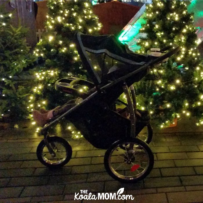 Stroller by Christmas trees