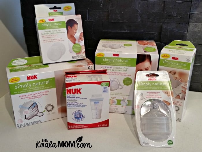 Nuk Simply Natural Feeding System - bottles, nipples, nursing pads, milk storage bags, and Freemie hands-free cups for easy pumping and bottle-feeding