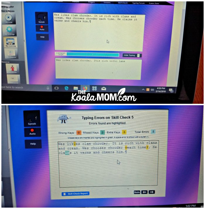 An UltraKey keyboarding lesson, showing what the student was practicing typing and then the results of her lesson, with mistakes highlighted.