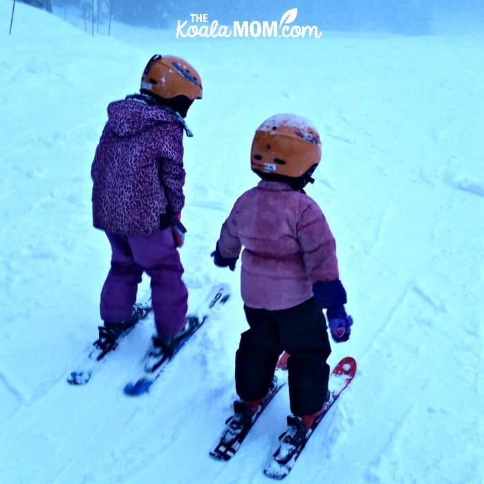 7-year-old and 4-year-old on downhill skis, ready to start skiing.