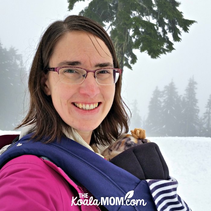 Bonnie hanging out at the ski hill, with baby in the Juno carrier.