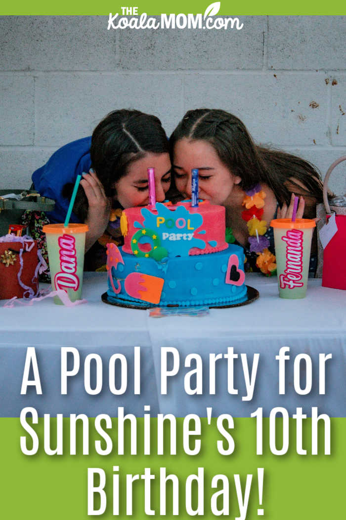 A Pool Party for Sunshine's 10th Birthday! Photo of two girls giggling behind a cake by Karla Quiñonez via Pexels.
