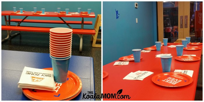 SkyZone party room, with table set for our birthday party.