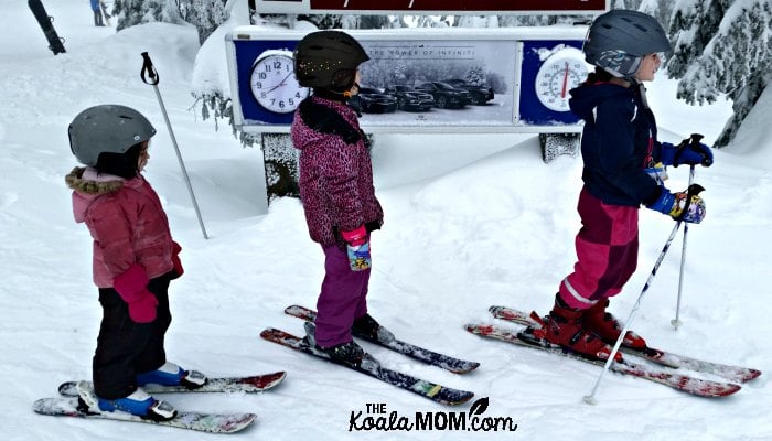 Sunshine, Lily and Jade on their downhill skis at the ski hill.