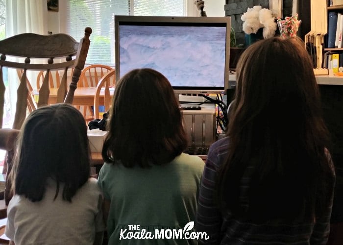 Three homeschool students viewing a video in a media enhanced book