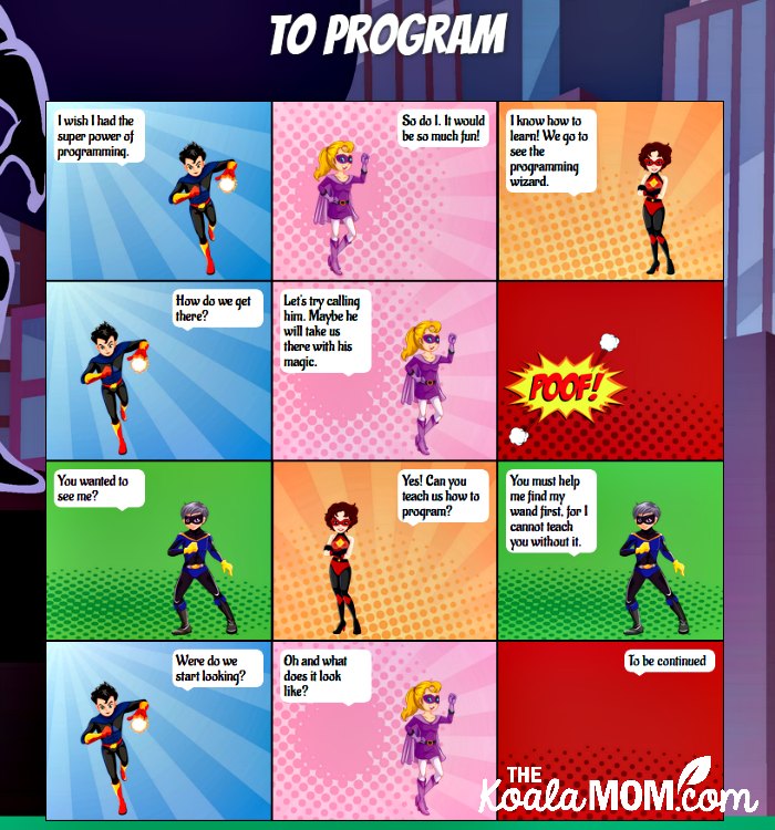 Sunshine comic strip, "To Program," from her online kids coding classes