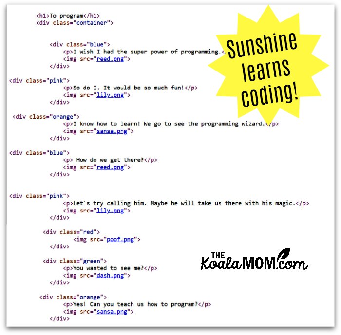 The HTML or code for Sunshine's comic strip, created during her CodeWizardsHQ class.