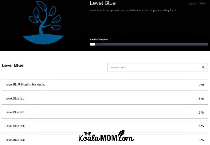 Home School Navigator student dashboard for level blue