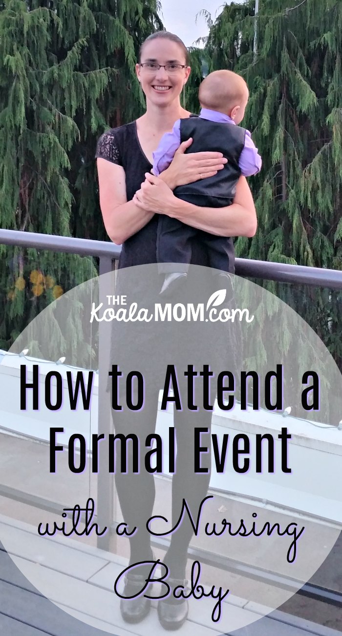 How to Attend a Formal Event with a Nursing Baby (mom wearing a Momzelle black nursing dress holding a baby in a suit)