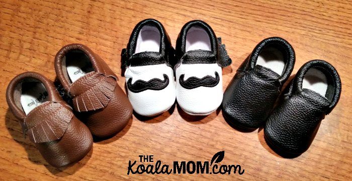 Three pairs of baby moccasins from Mia's Moccs