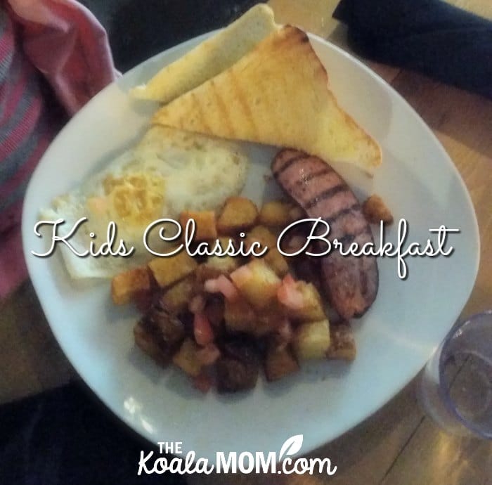 Kids classic breakfast at the Blenheim Pub - egg, toast, hash browns, and sausage