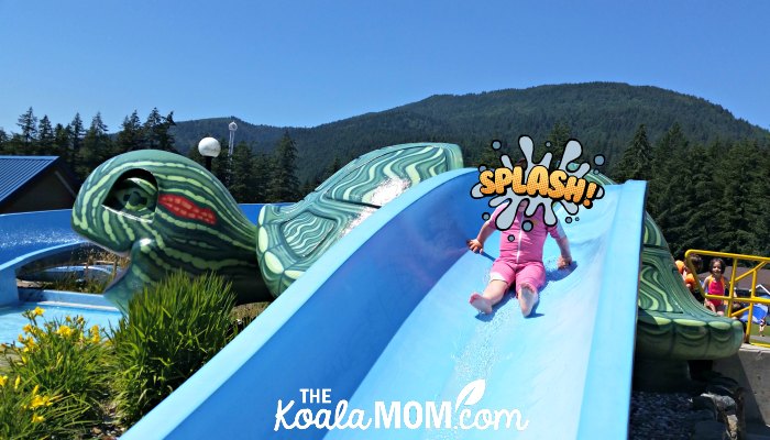 Toddler on the Turtle Slides at Cultus Lake Waterpark.