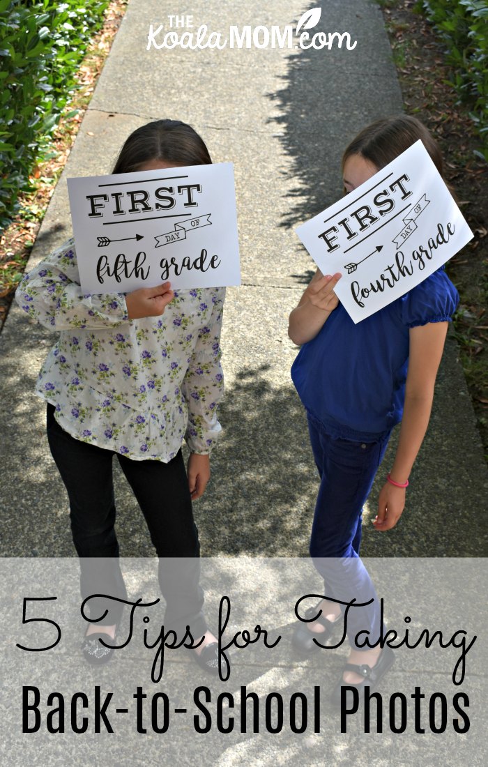 5 tips for taking back to school photos, with two girls holding signs about their grade