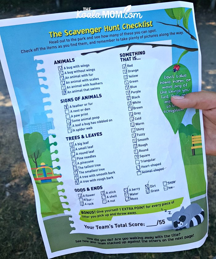 Completed Earth Rangers scavenger hunt checklist.