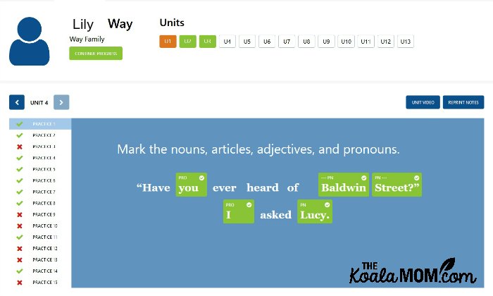 Lily's student dashboard in GrammarPlanet, an online grammar program for kids ages ten plus.