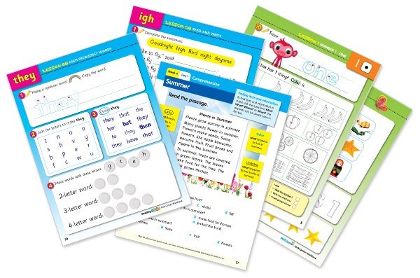 Reading Eggs and Math Seeds sample workbook pages.