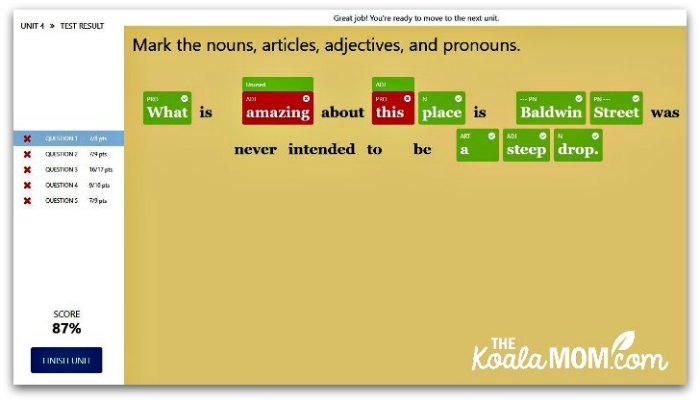 Lily's Unit 4 GrammarPlanet test results.