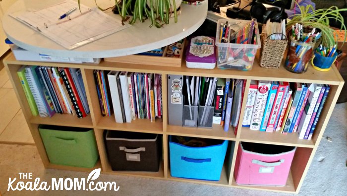 Our homeschool bookshelf, neatly arranged with our curriculum and workbooks for this year!