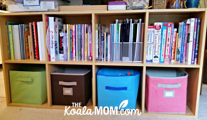 Our organized homeschool shelves.