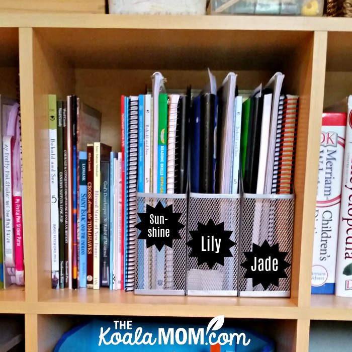 Magazine holders to organize the girls' workbooks.