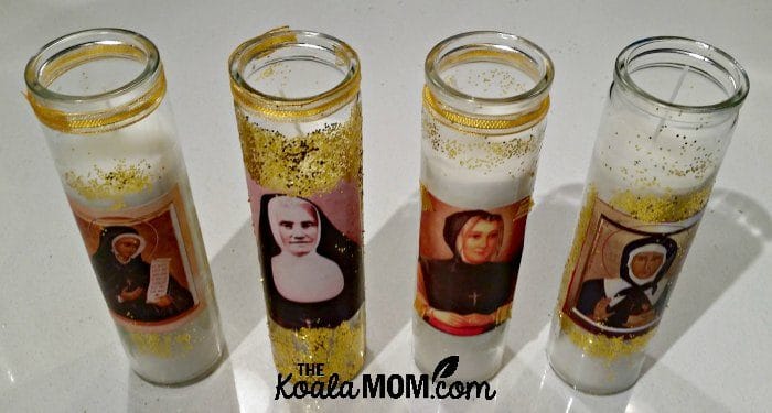 Canadian saints on candles - St. Marguerite Bourgeoys, St. Marguerite d'Youville, Bl. Dina Belanger and Bl. Elisabeth Turgeon.