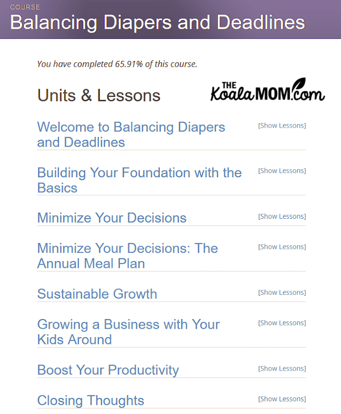 Balancing Diapers and Deadlines course from Lisa Tanner Writing - a list of the units and lessons in the course