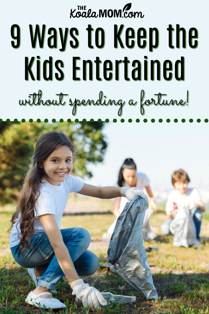 9 Ways to Keep the Kids Entertained without spending a fortune! (Girl smiles while picking up garbage in a park.)