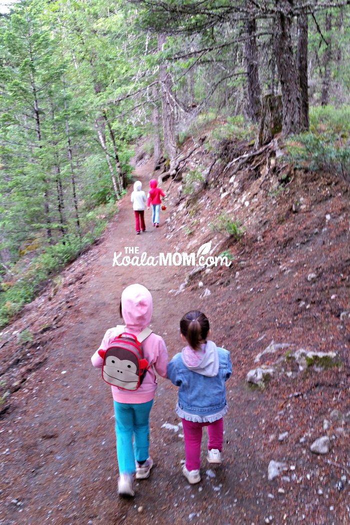 Four girls hiking to Nairn Falls.
