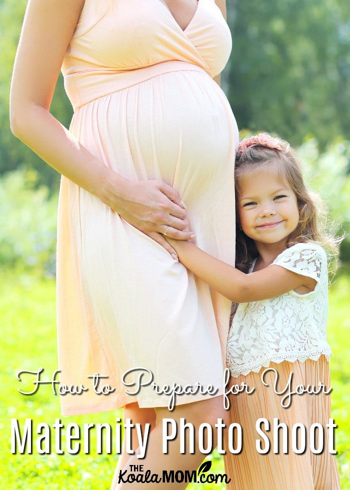 How to Prepare for Your Maternity Photo Shoot (like this mom posing in a pretty peach dress with her daughter in a matching outfit!)