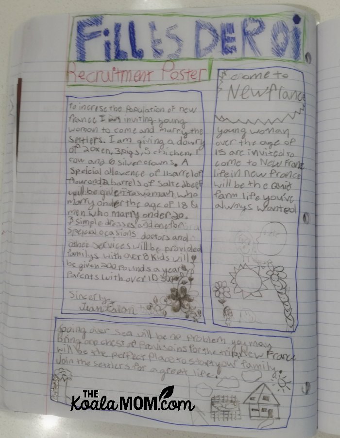 A grade 4 homeschool student's Canadian history notebooking pages about the filles du roi of New France