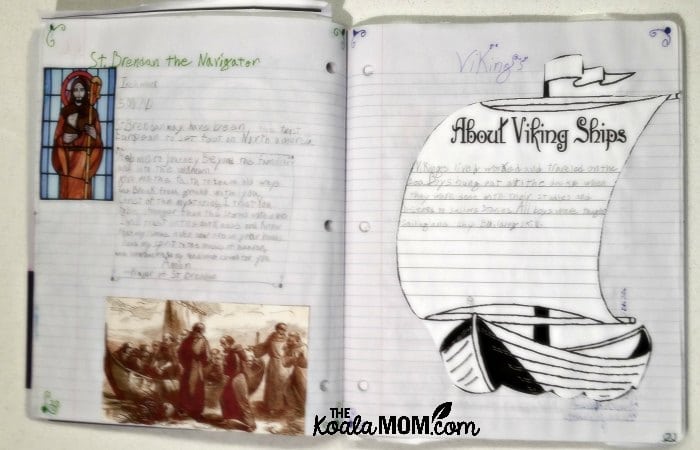 A grade 5 homeschool student's Canadian history notebook pages about St. Brendan the navigator and Viking ships.