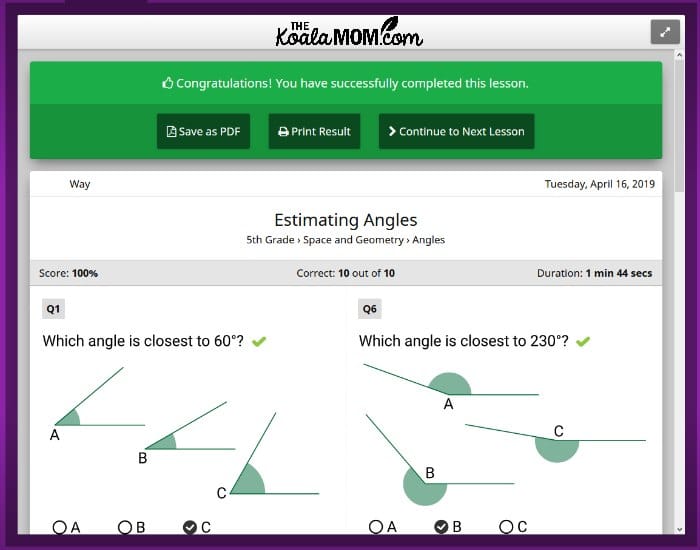 CTCMath results page.