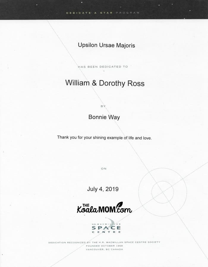 Dedicate a Star certificate for William and Dorothy Ross on July 4, 2019