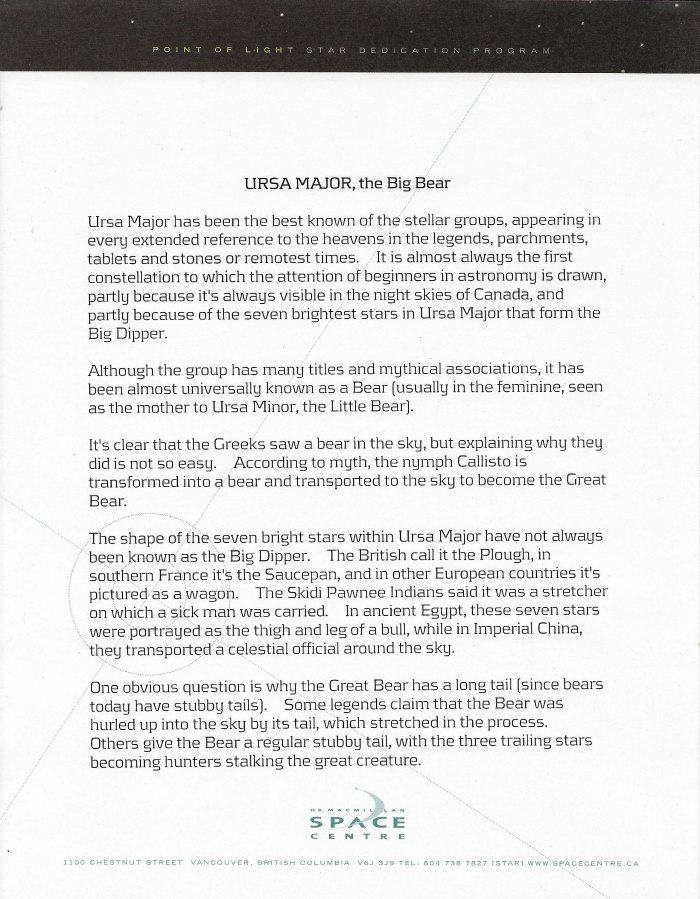 URSA MAJOR, the Big Bear, information sheet from H. R. Macmillon Space Centre for the Dedicate-a-Star program.