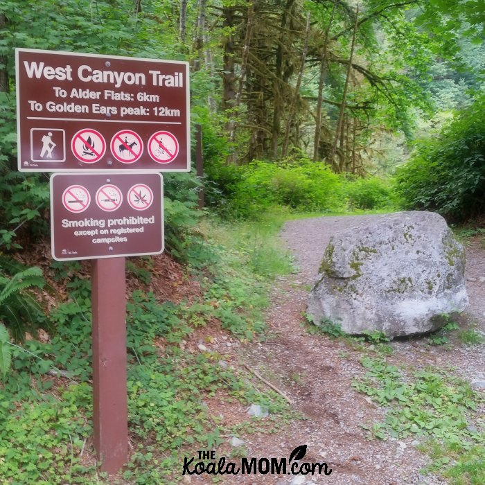 West Canyon Trail (sign) in Golden Ears Provincial Park; Alder Flats 6km, Golden Ears Peak, 12 km
