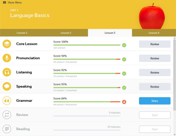 Student dashboard in Unit 1: Language Basics.