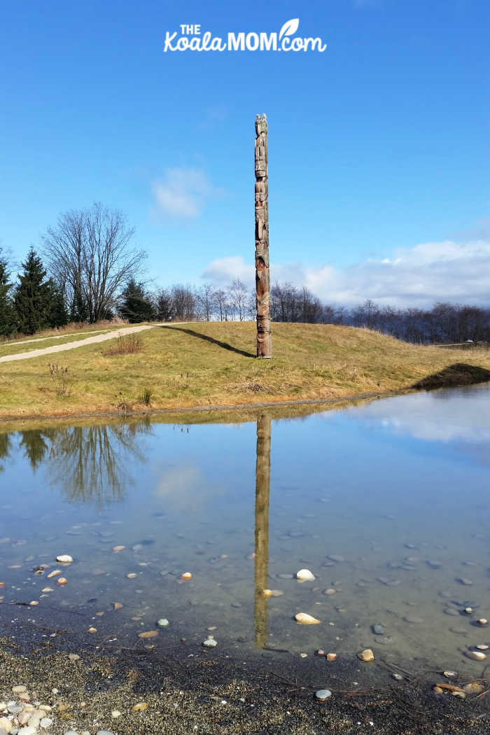 Totem pole reflected in pond at UBC's Museum of Anthropology.