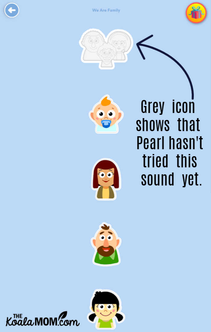 Icons in Speech Blubs show which sounds kids have practiced.