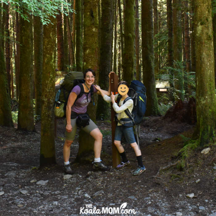 Bonnie and Lily at the 0 km marker on the Juan de Fuca Trail.