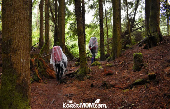 Sunshine and Lily hiking with plastic ponchos over their packs.