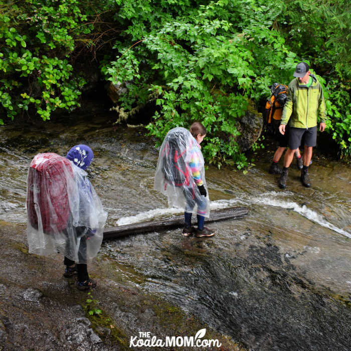 Young hikers crossing a shallow stream.