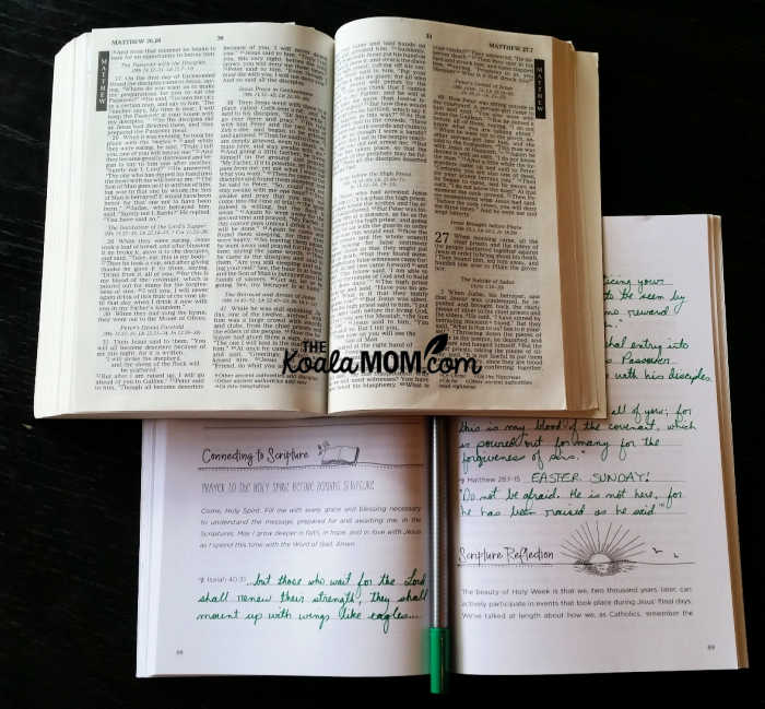 Open Bible with my Stay Connected journal, which invites me to dive into Scripture and take notes as I reflect.