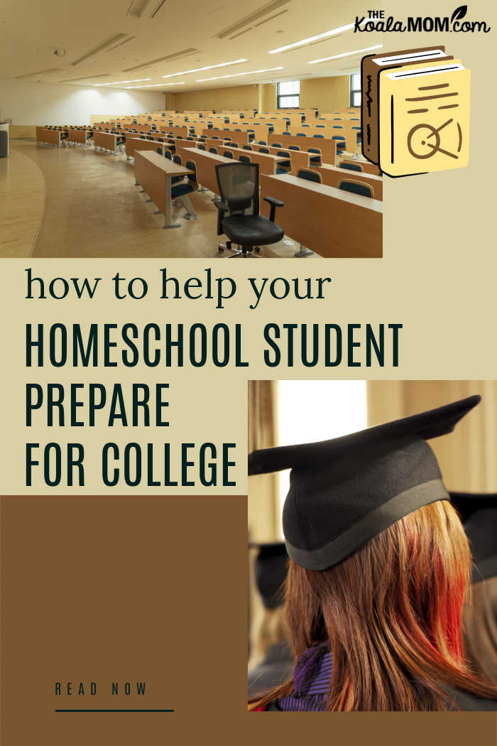 How to help your homeschool student prepare for college: A young woman wearing a graduation cap looks towards a photo of an empty university lecture hall.