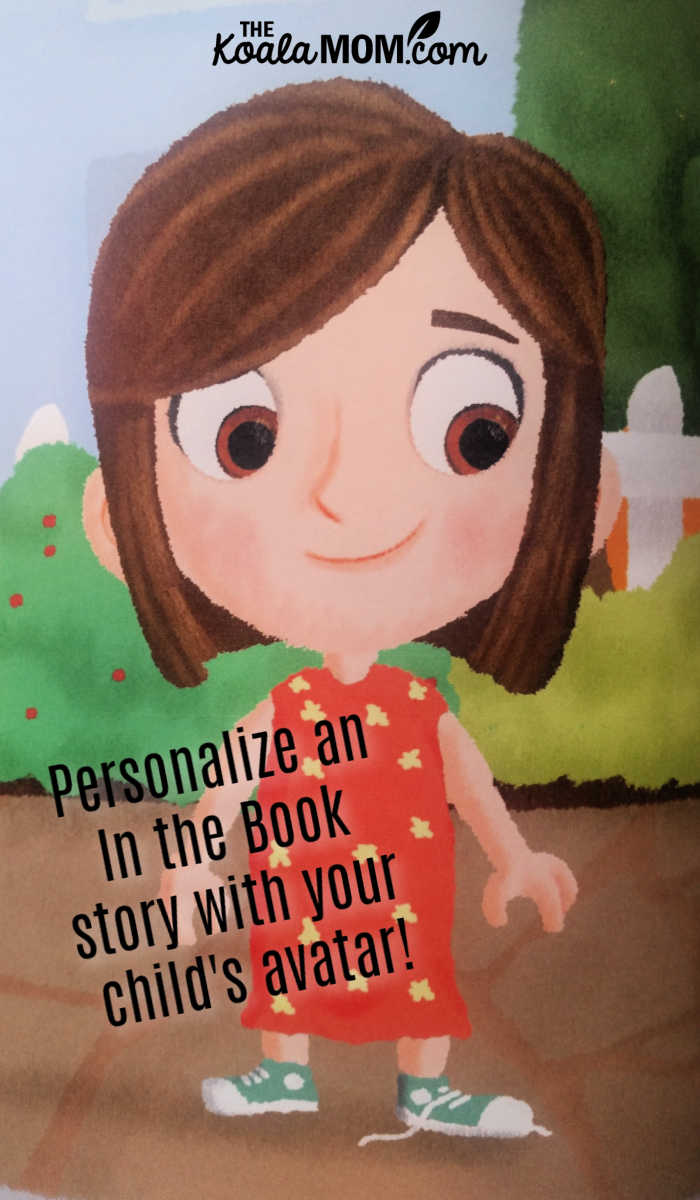 Personalize an In the Book story with your child's avatar, like this brown-eyed brown-haired girl dressed in orange (just like my daughter!).