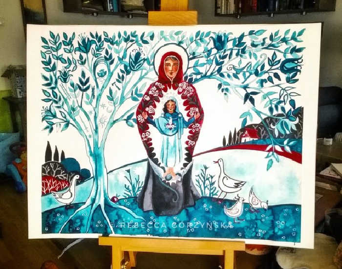 "Mary is the Immaculate Conception" artwork by Rebecca Gorzynska showing various symbols in the tree around St. Anne holding an infant Mary.