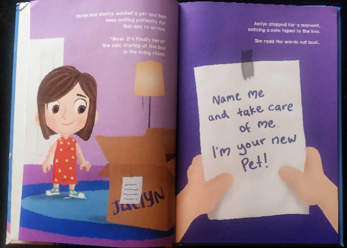 An inside page of "Me and My New Pet: How We First Met," showing a girl getting a big box with a note that says, "Name me and take care of me. I'm your new pet!"