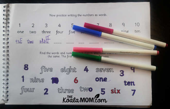 Number practice page in a preschool / Kindergarten coloring book.