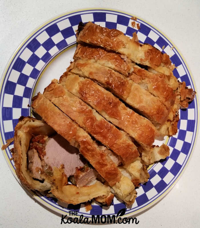 Pork tenderloin in puff pastry, stuffed with capers, olives and sundried tomatoes.