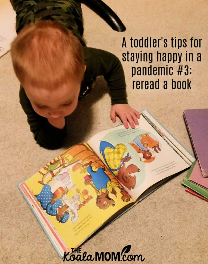 A toddler's tips for staying happy in a pandemic #3: reread a book.